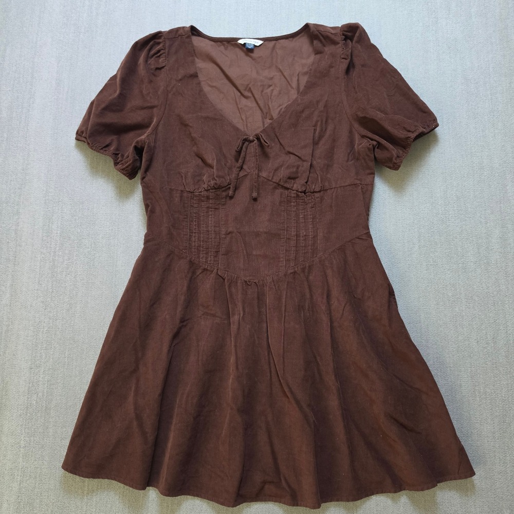 American Eagle Dress Women XL Brown Corduroy Puff Sleeve V-Neck Mini Corset